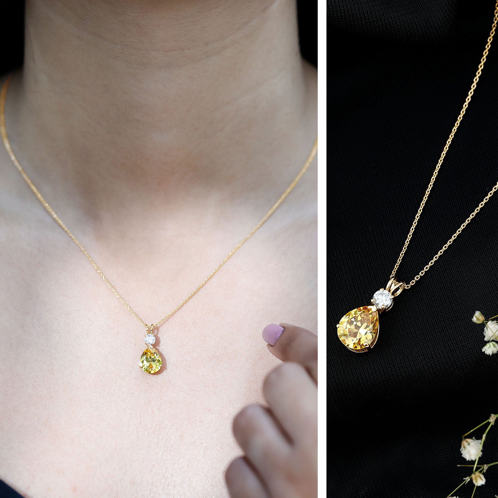 Created Yellow Sapphire Minimal Drop Pendant Necklace with Moissanite
