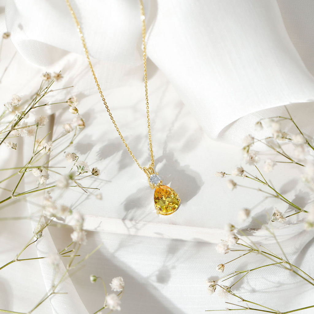 Created Yellow Sapphire Minimal Drop Pendant Necklace with Moissanite
