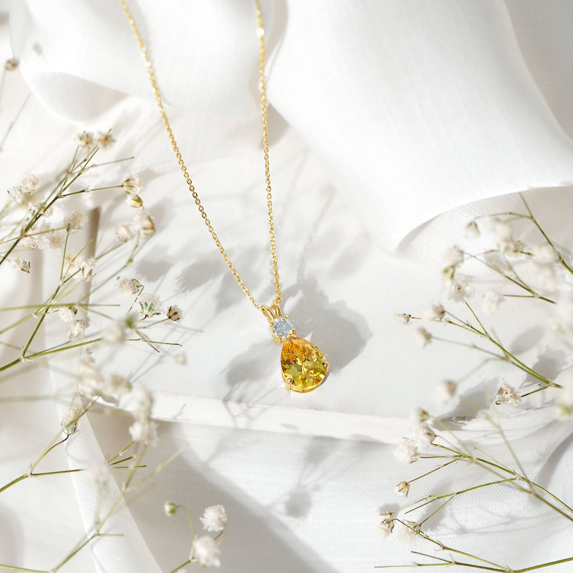 Created Yellow Sapphire Minimal Drop Pendant Necklace with Moissanite
