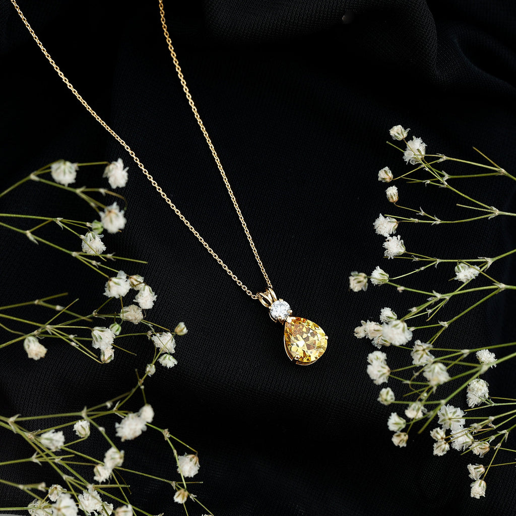 Created Yellow Sapphire Minimal Drop Pendant Necklace with Moissanite