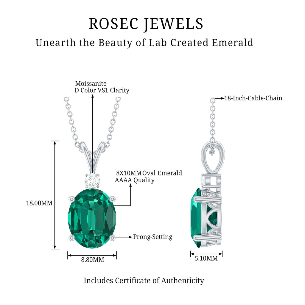 Oval Created Emerald and Moissanite Solitaire Pendant