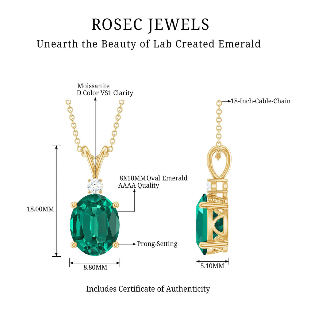 Oval Created Emerald and Moissanite Solitaire Pendant