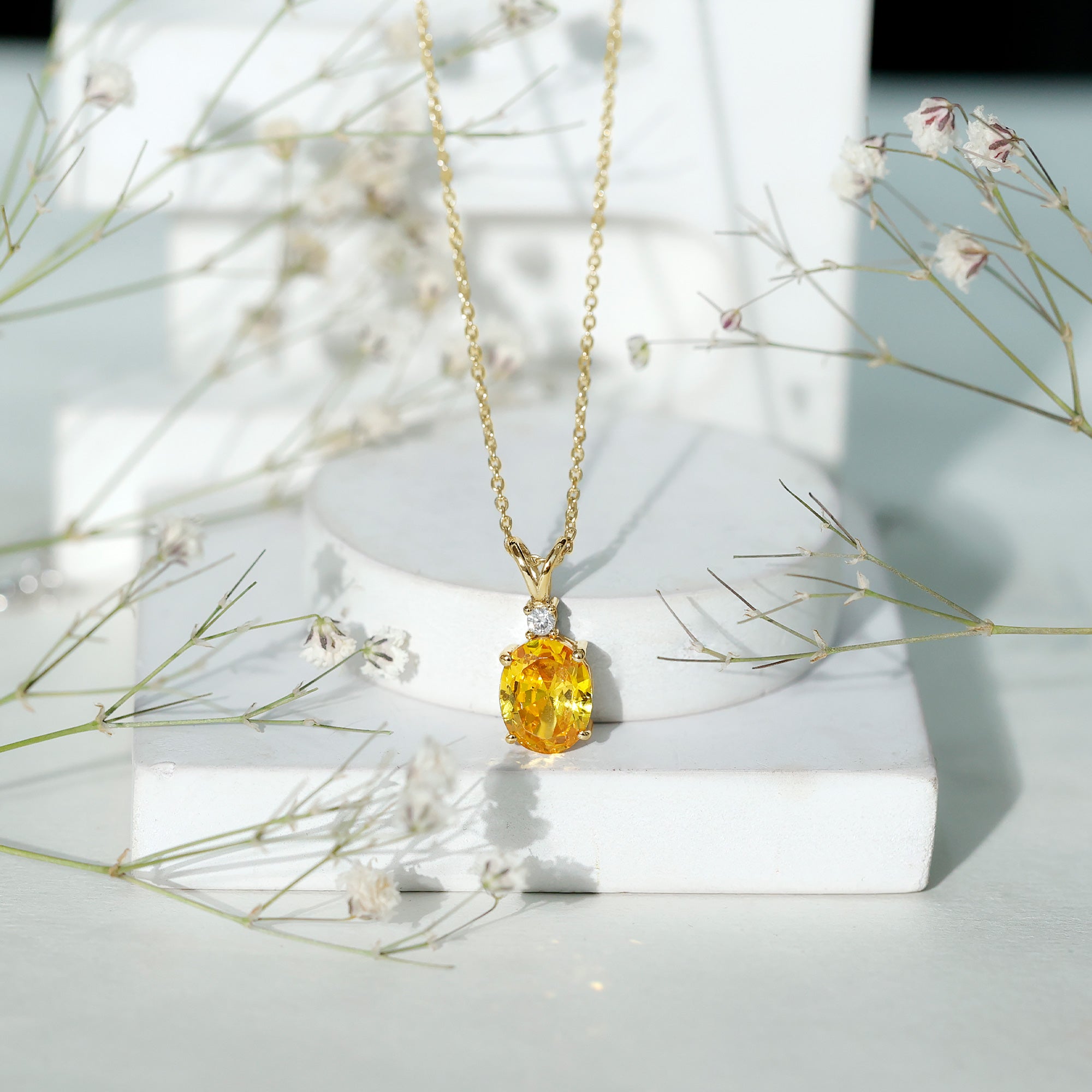 Oval Created Yellow Sapphire and Moissanite Solitaire Pendant