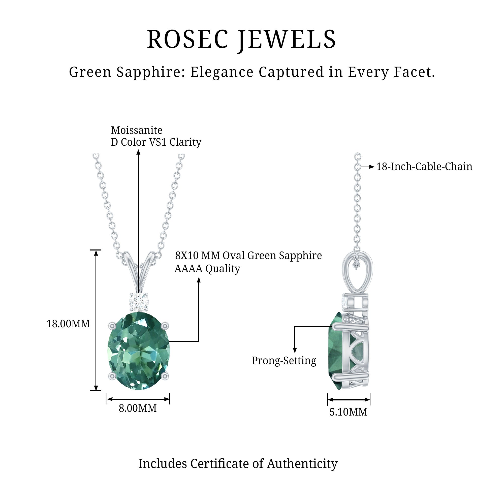 Solitaire Created Green Sapphire Pendant with Moissanite
