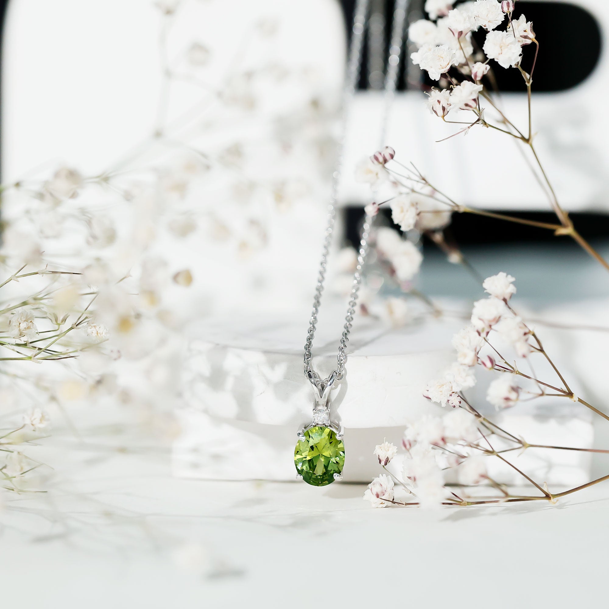 Solitaire Created Green Sapphire Pendant with Moissanite