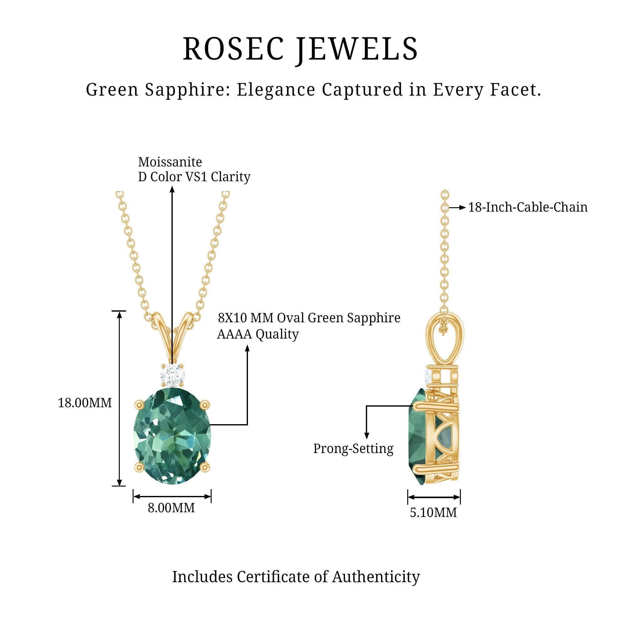 Solitaire Created Green Sapphire Pendant with Moissanite