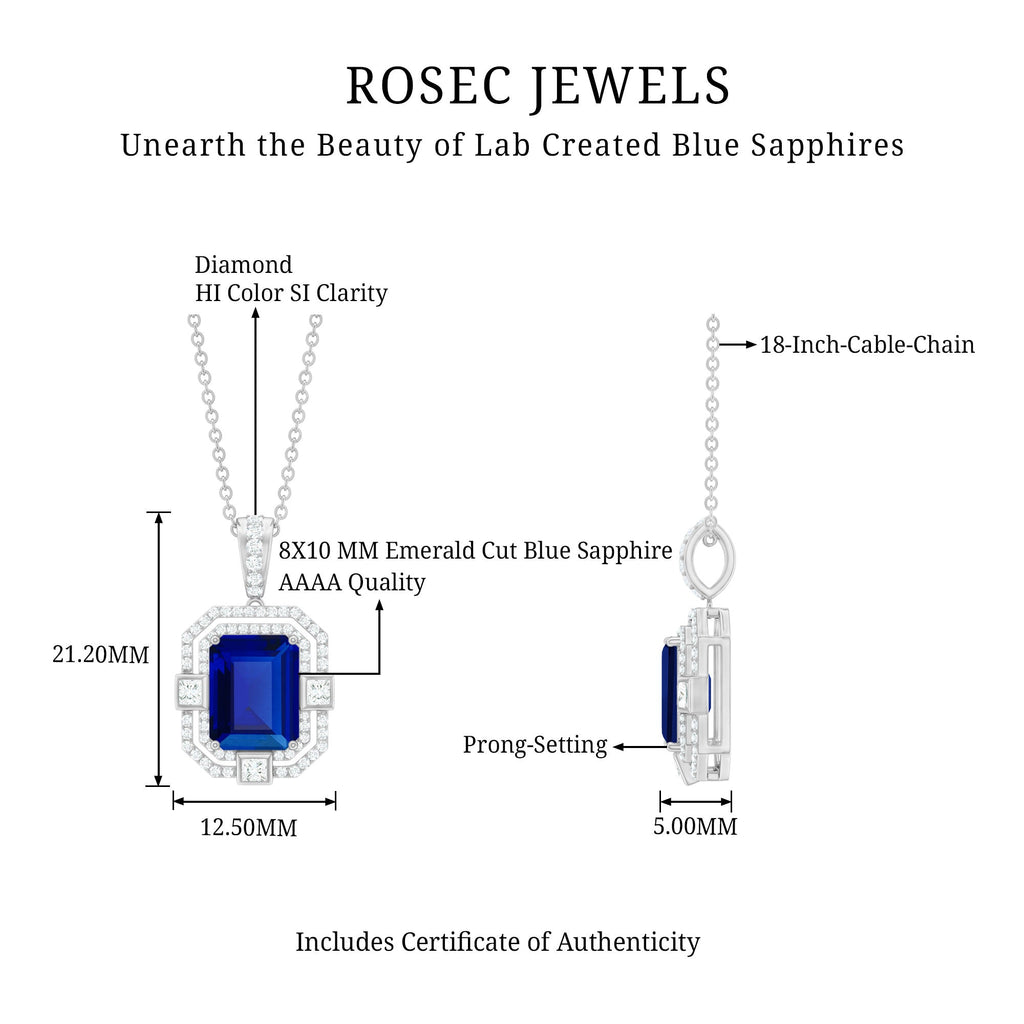 8x10mm Emerald Cut Lab Created Blue Sapphire Vintage Necklace with Diamond