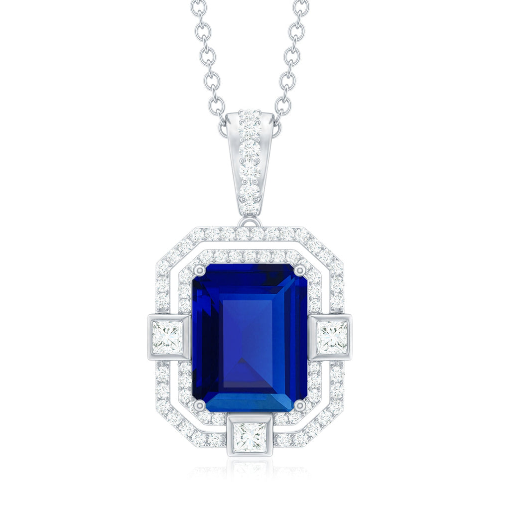 8x10mm Emerald Cut Lab Created Blue Sapphire Vintage Necklace with Diamond