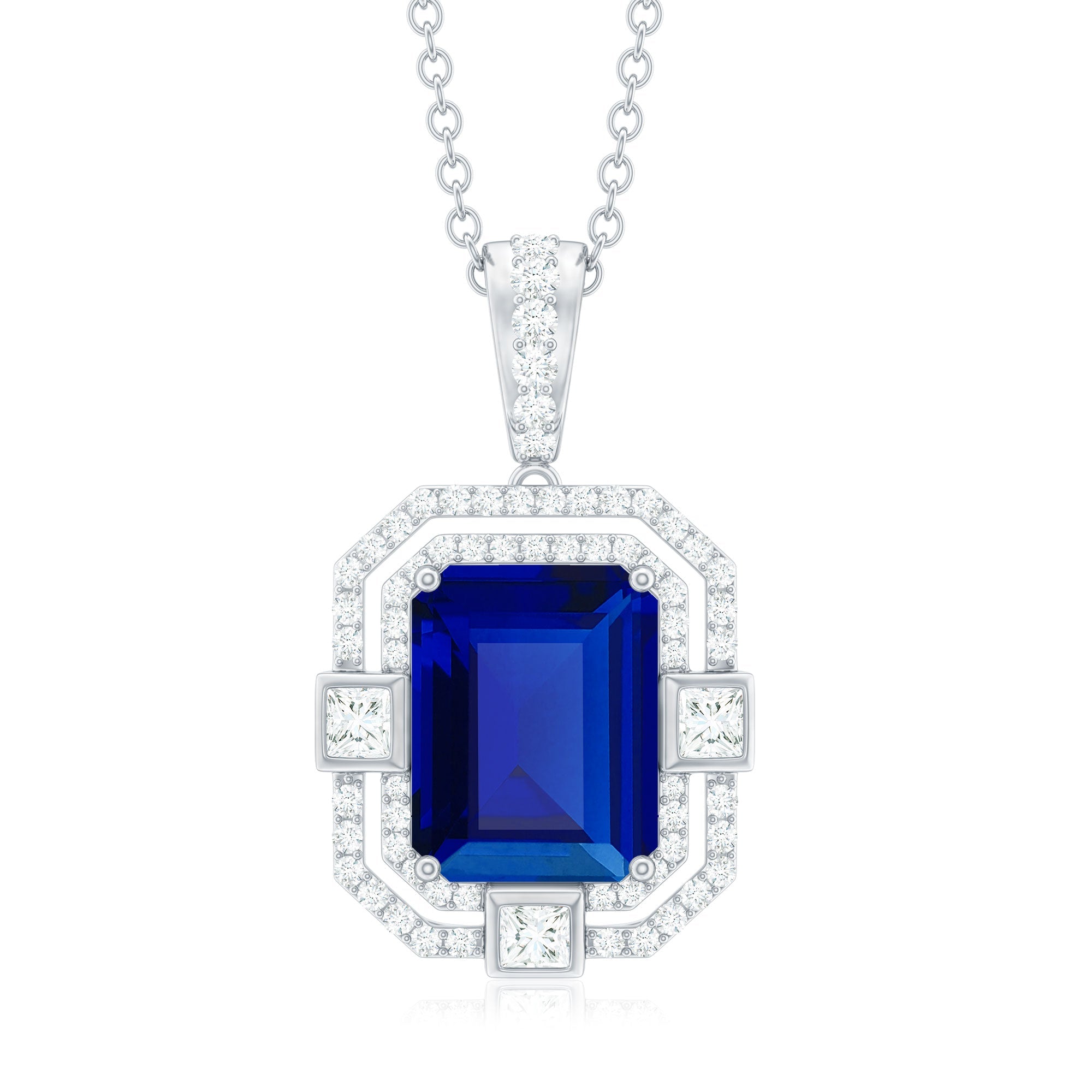 8x10mm Emerald Cut Lab Created Blue Sapphire Vintage Necklace with Diamond