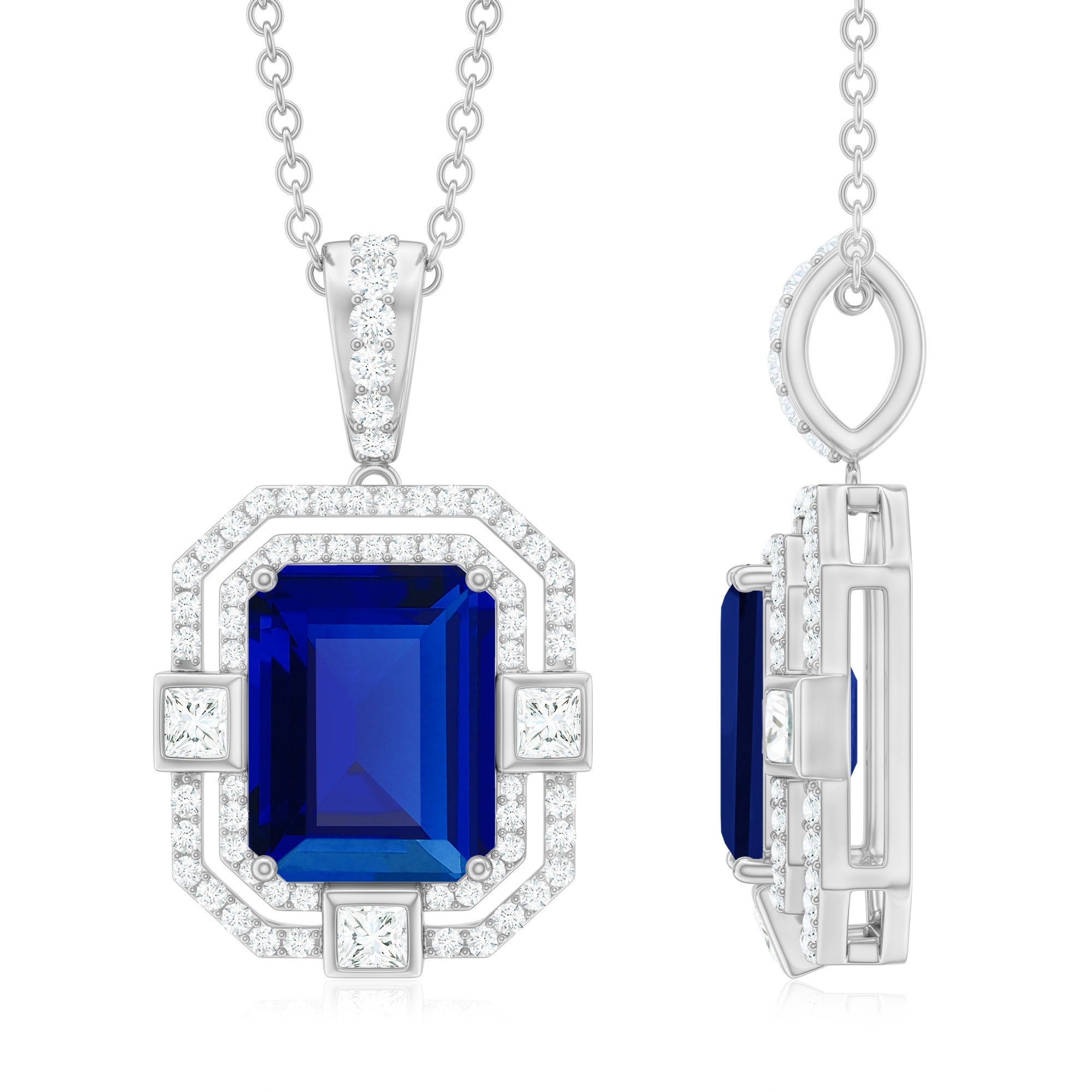 8x10mm Emerald Cut Lab Created Blue Sapphire Vintage Necklace with Diamond