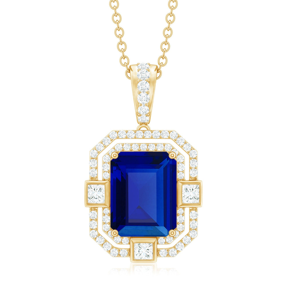 8x10mm Emerald Cut Lab Created Blue Sapphire Vintage Necklace with Diamond