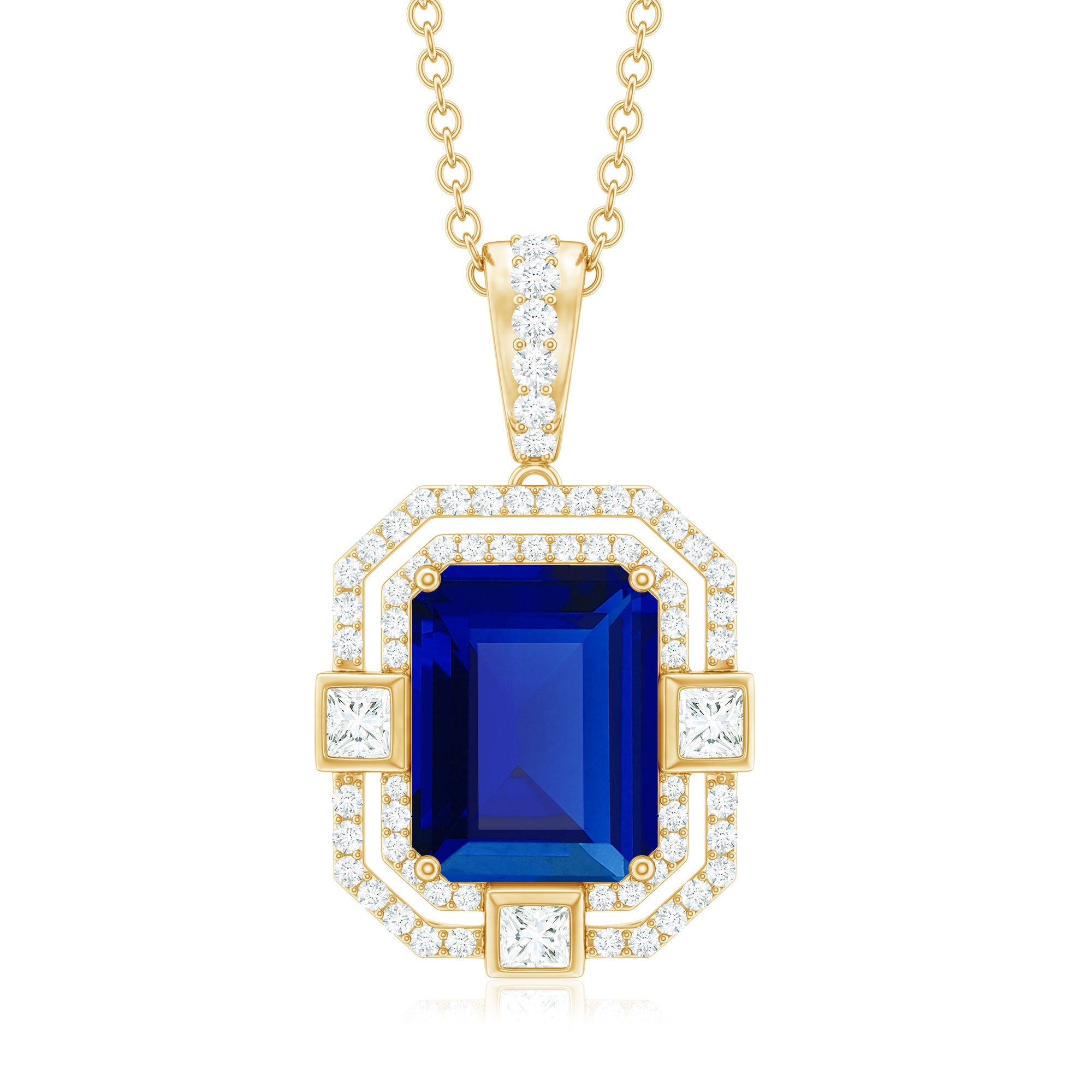 8x10mm Emerald Cut Lab Created Blue Sapphire Vintage Necklace with Diamond
