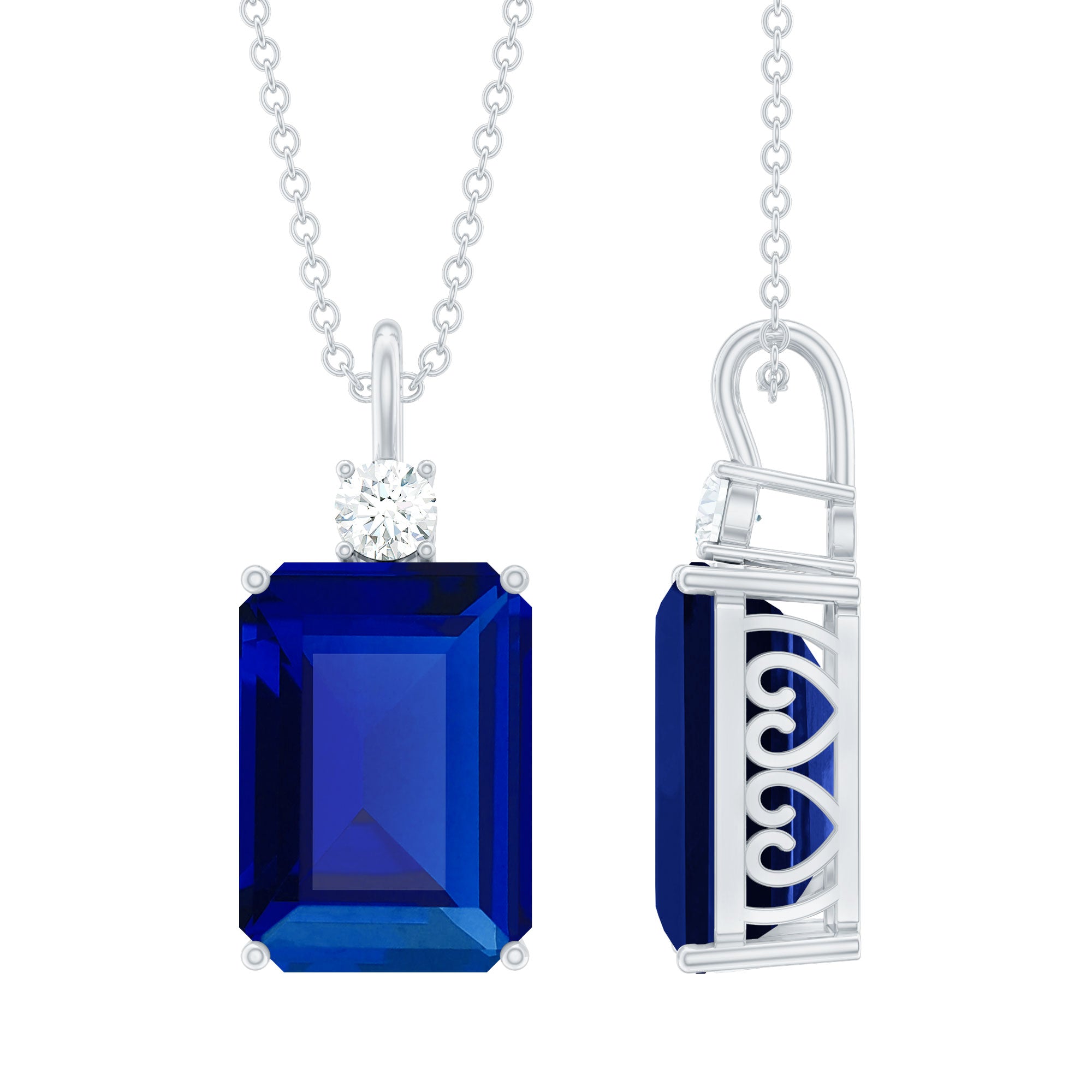 10x14mm Lab Grown Blue Sapphire Emerald Cut Necklace With Chain