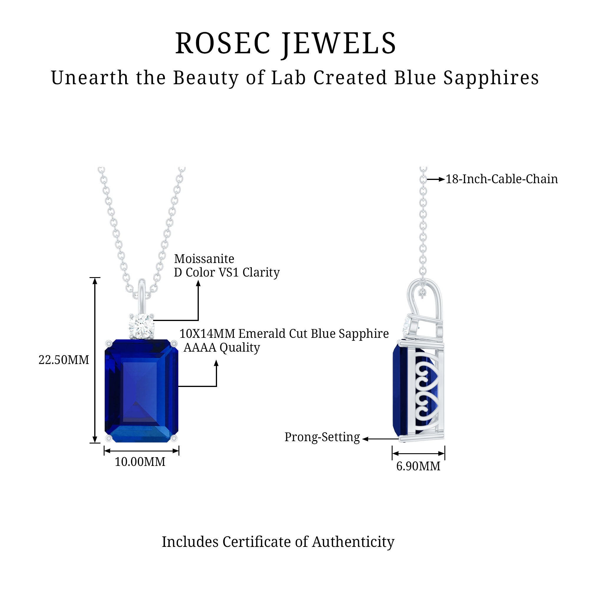 10x14mm Lab Grown Blue Sapphire Emerald Cut Necklace With Chain