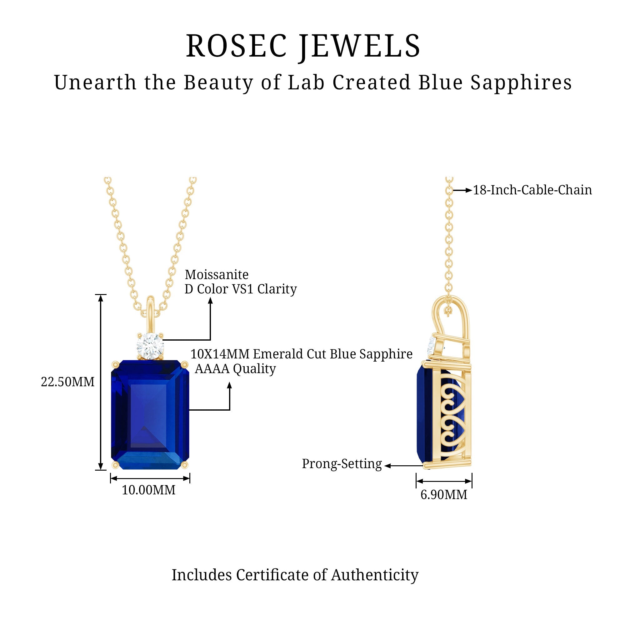 10x14mm Lab Grown Blue Sapphire Emerald Cut Necklace With Chain