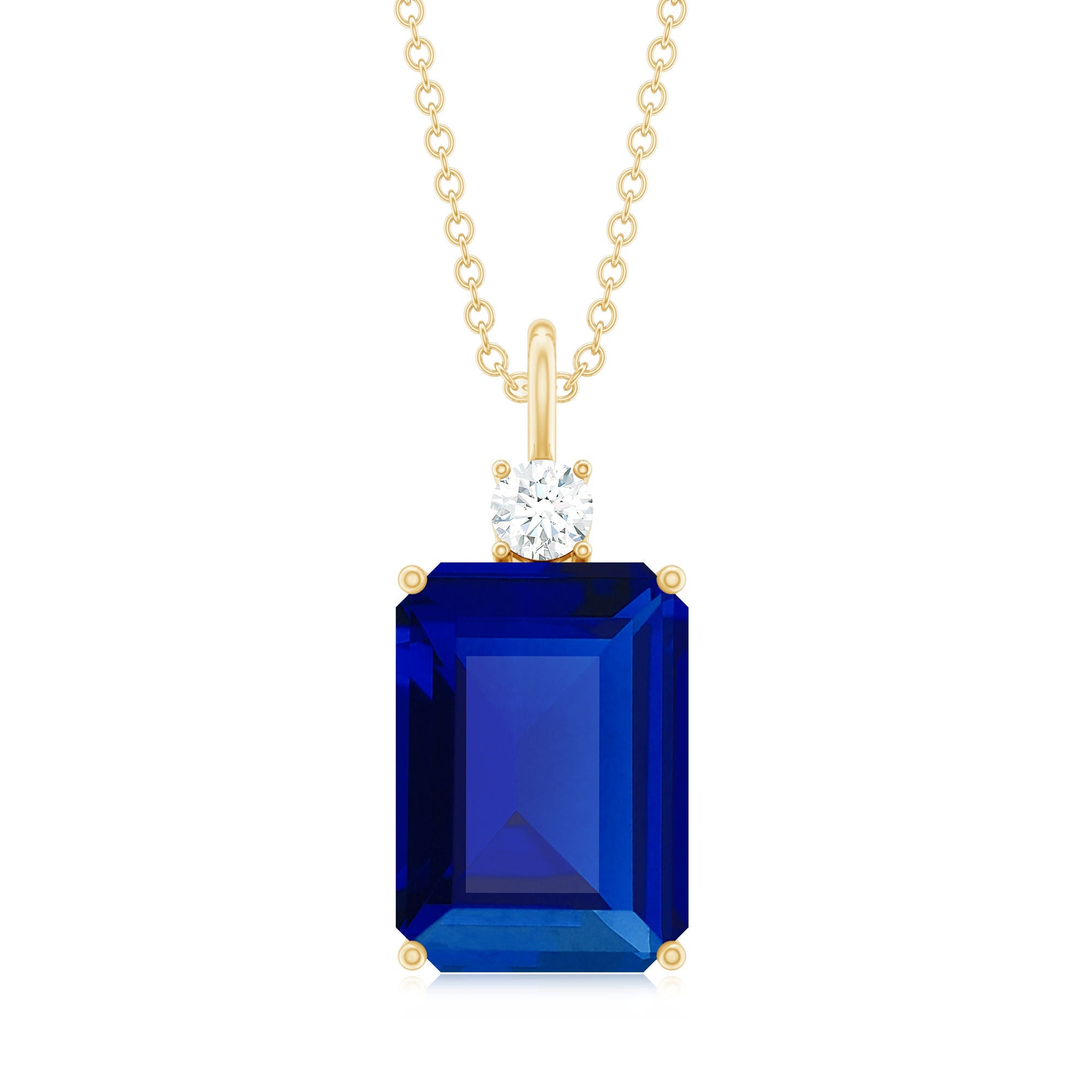10x14mm Lab Grown Blue Sapphire Emerald Cut Necklace With Chain