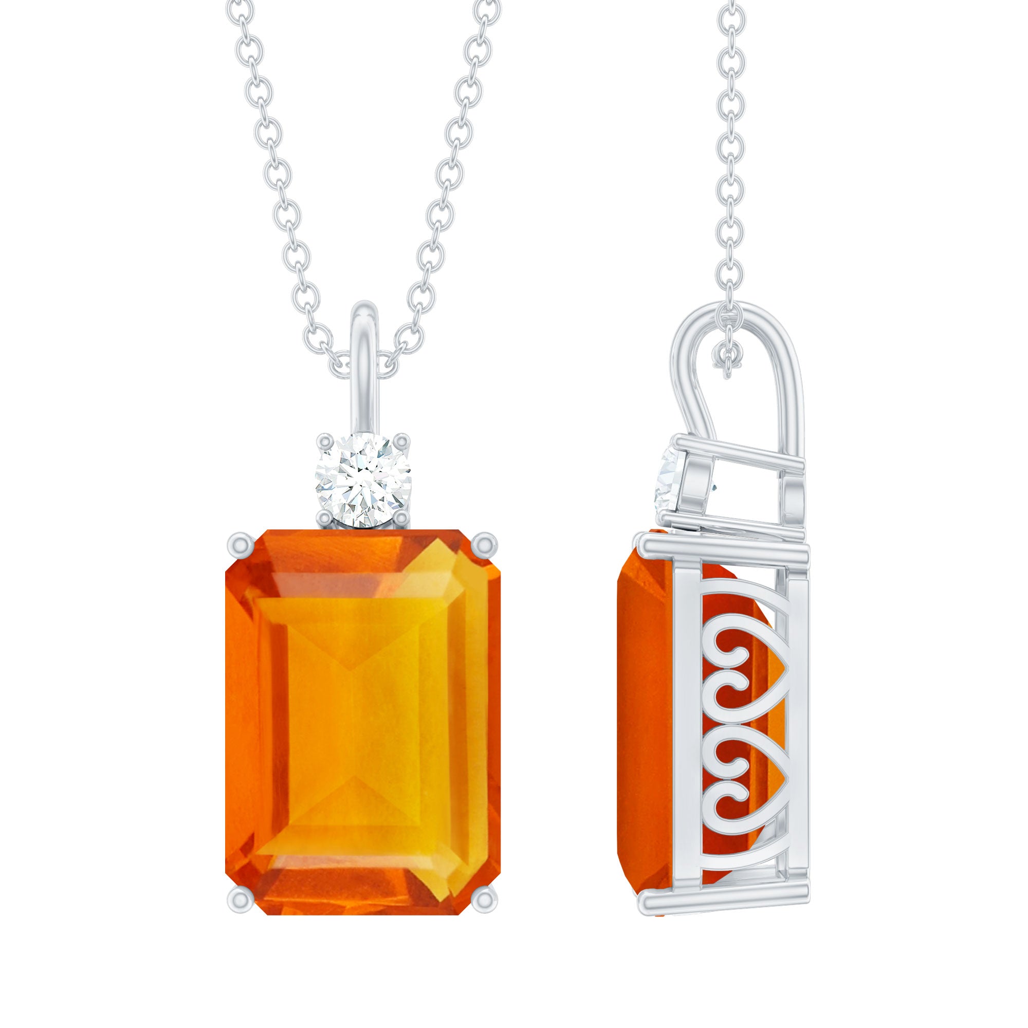 Solitaire Created Orange Sapphire and Moissanite Pendant