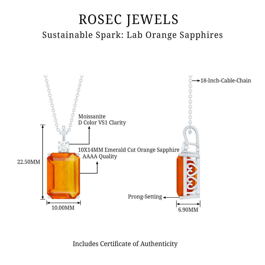 Solitaire Created Orange Sapphire and Moissanite Pendant