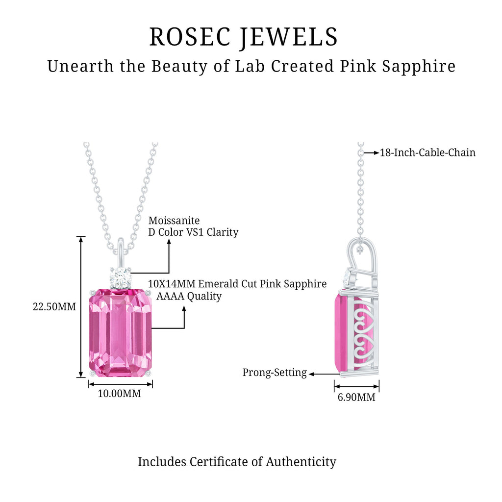 Emerald Cut Solitaire Created Pink Sapphire Pendant with Moissanite