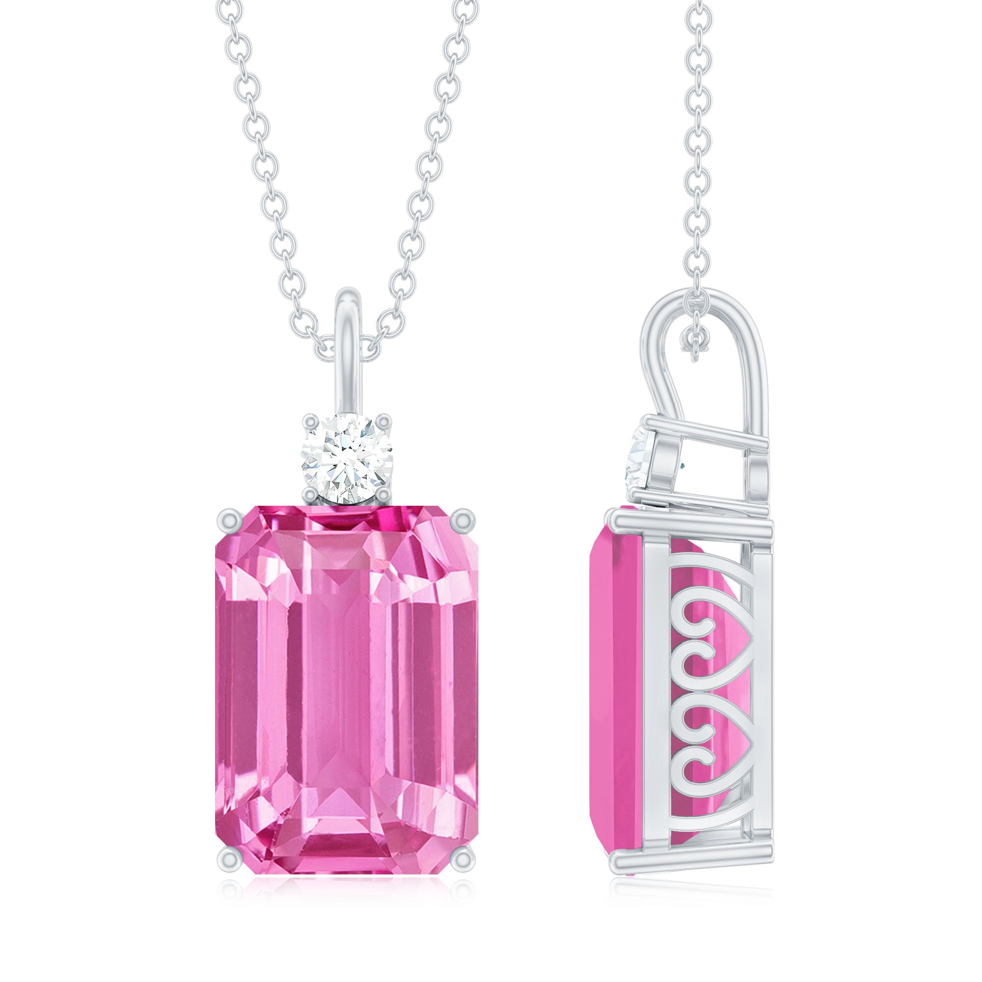 Emerald Cut Solitaire Created Pink Sapphire Pendant with Moissanite