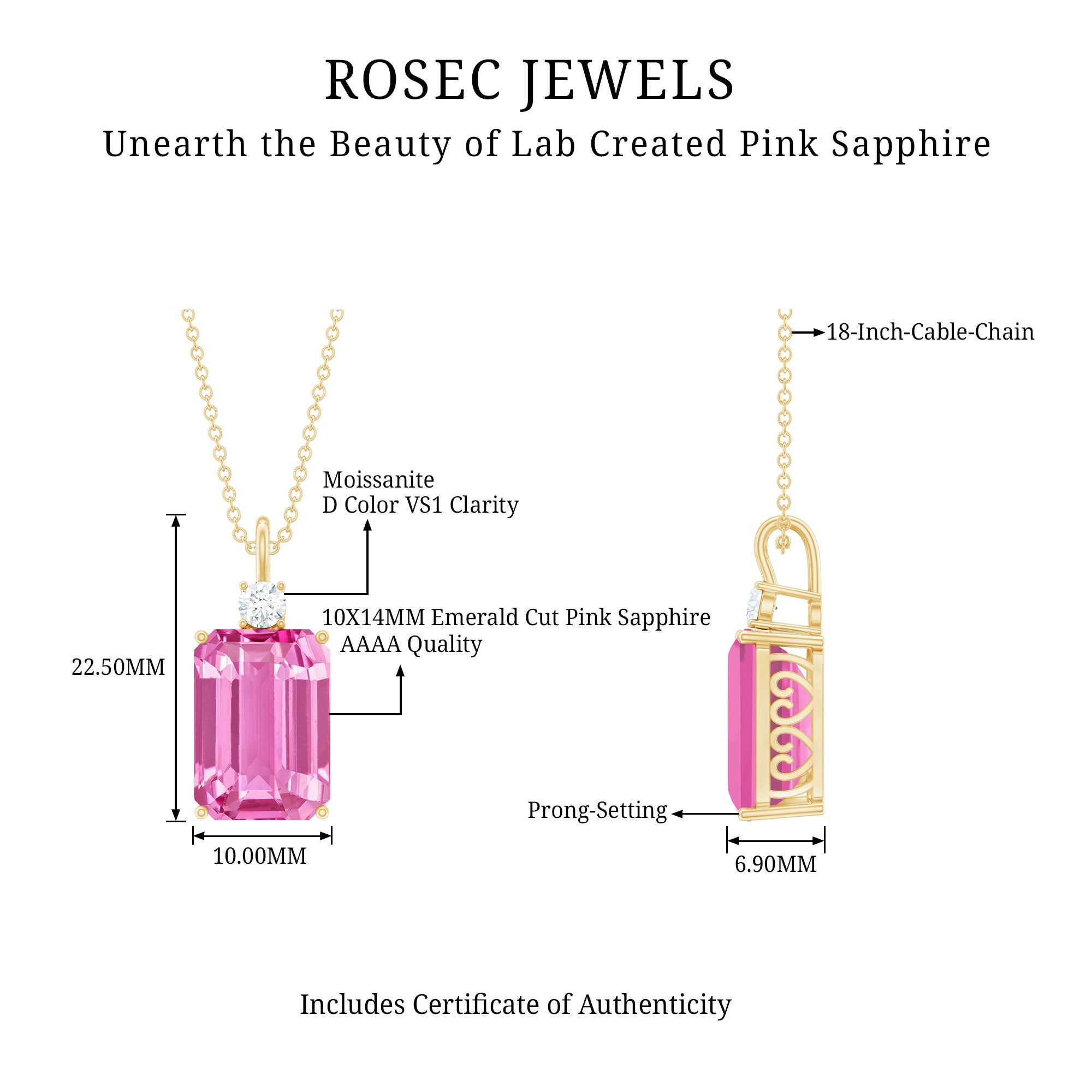 Emerald Cut Solitaire Created Pink Sapphire Pendant with Moissanite