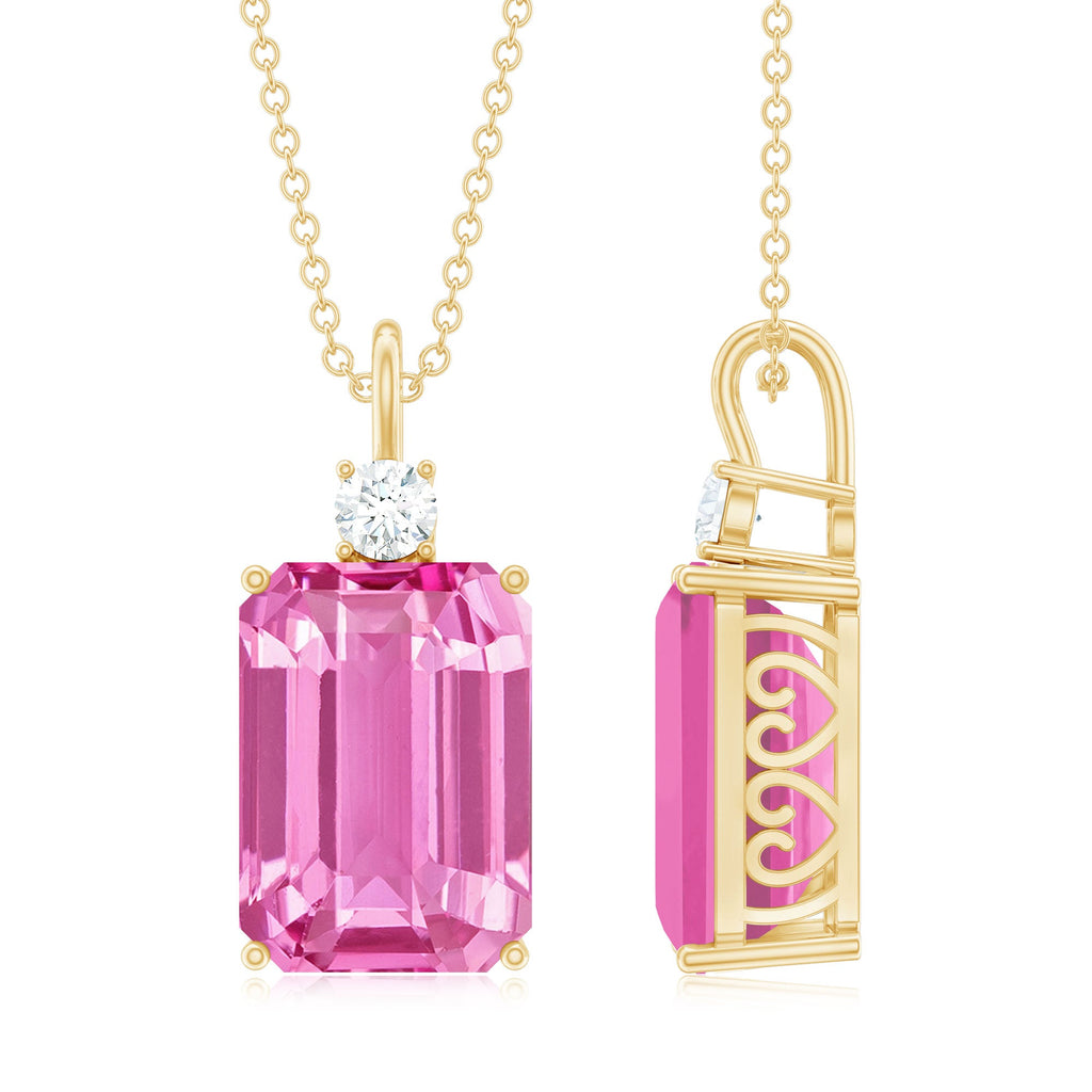 Emerald Cut Solitaire Created Pink Sapphire Pendant with Moissanite