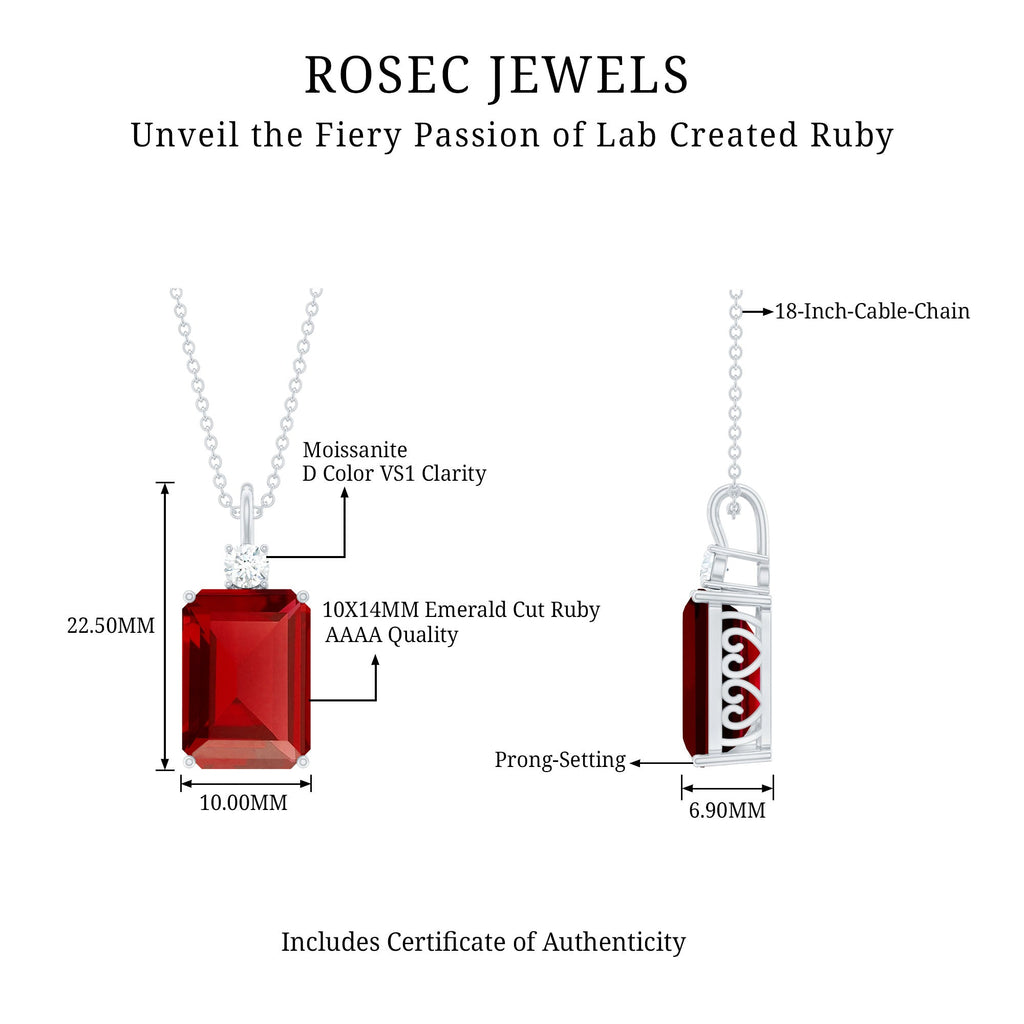 Octagon Cut Created Ruby Solitaire Pendant with Moissanite