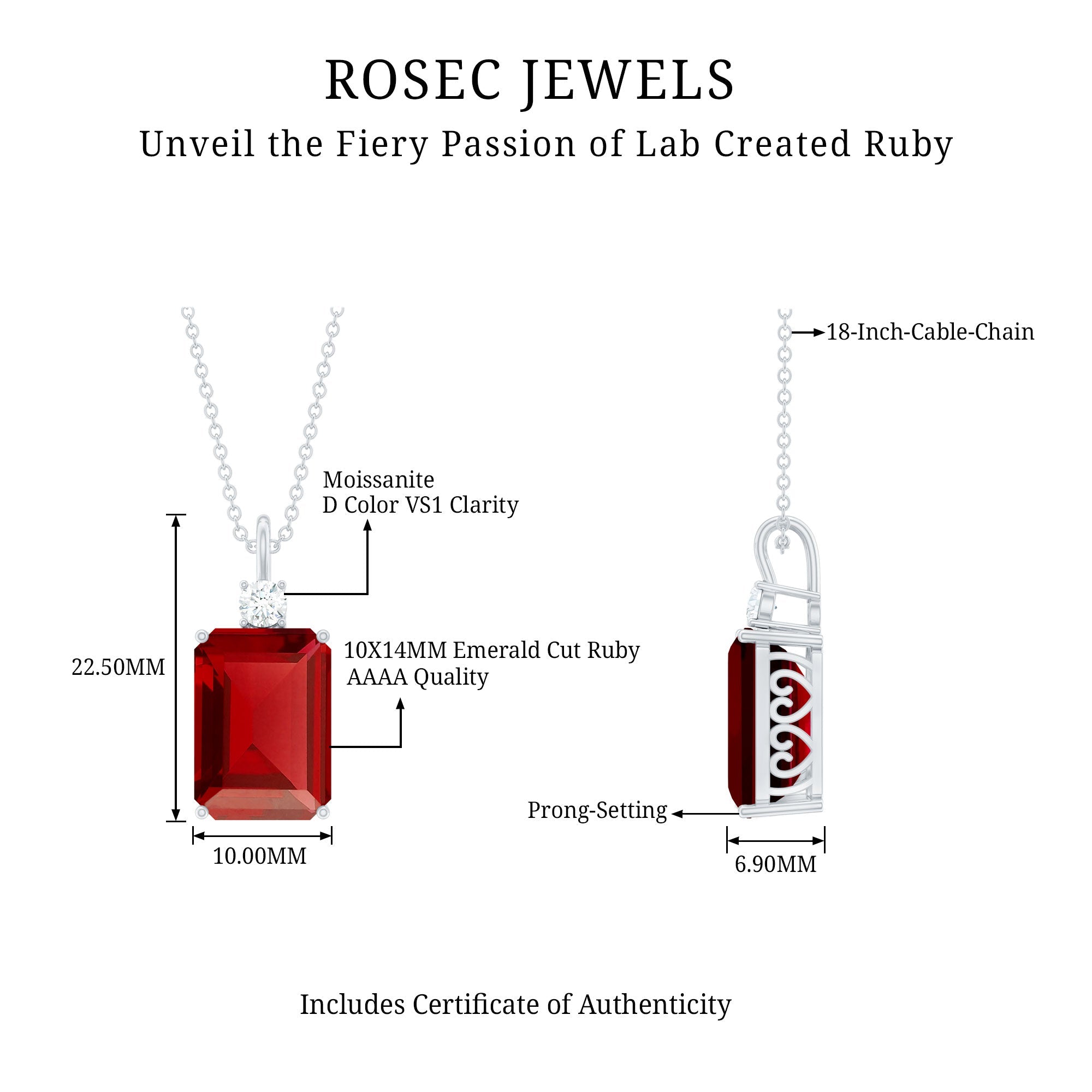 Octagon Cut Created Ruby Solitaire Pendant with Moissanite
