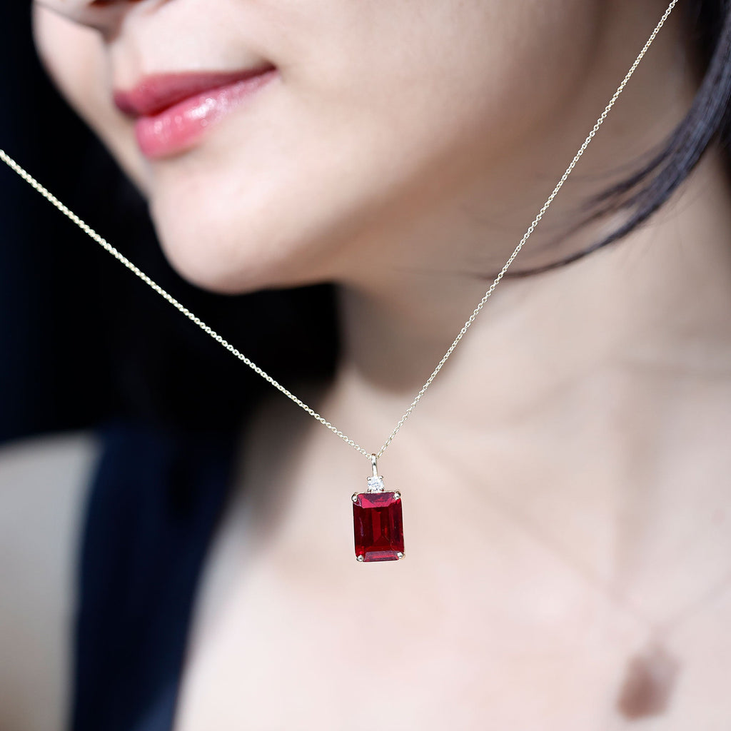 Octagon Cut Created Ruby Solitaire Pendant with Moissanite