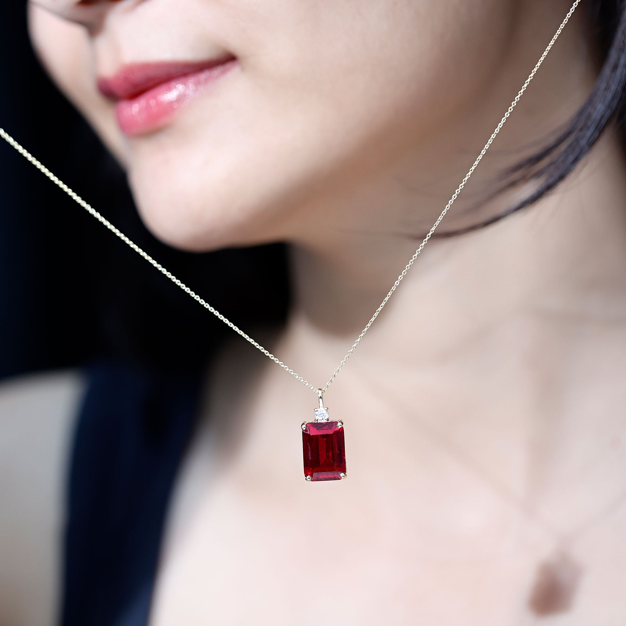 Octagon Cut Created Ruby Solitaire Pendant with Moissanite