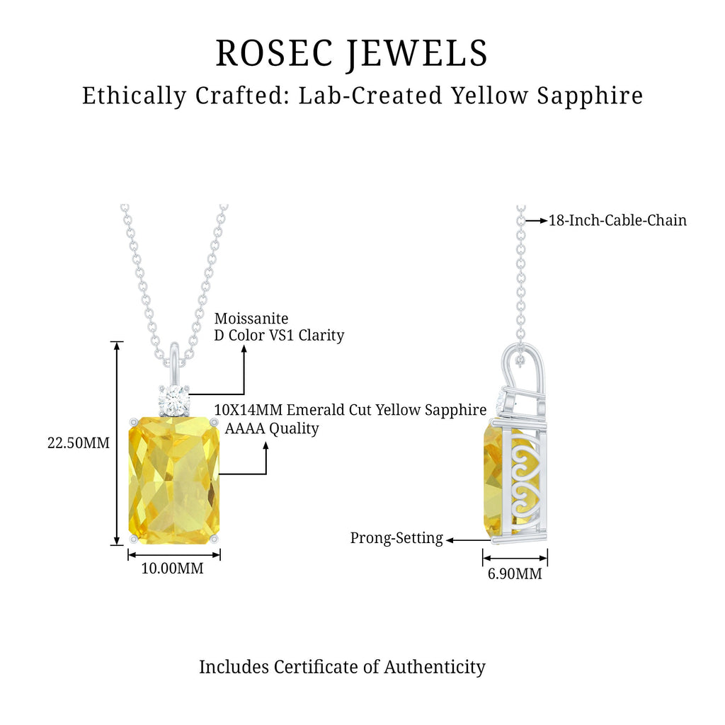 Emerald Cut Solitaire Created Yellow Sapphire Pendant with Moissanite