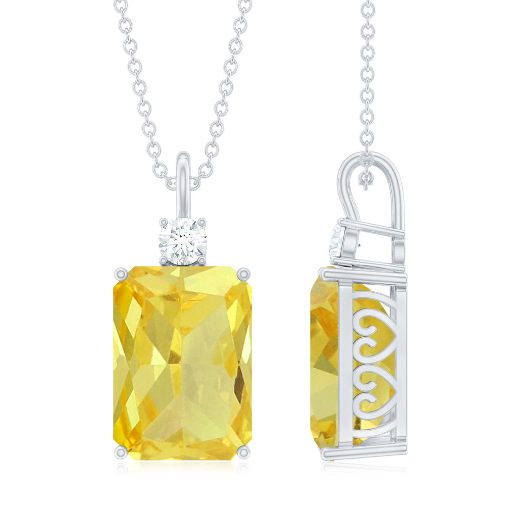 Emerald Cut Solitaire Created Yellow Sapphire Pendant with Moissanite
