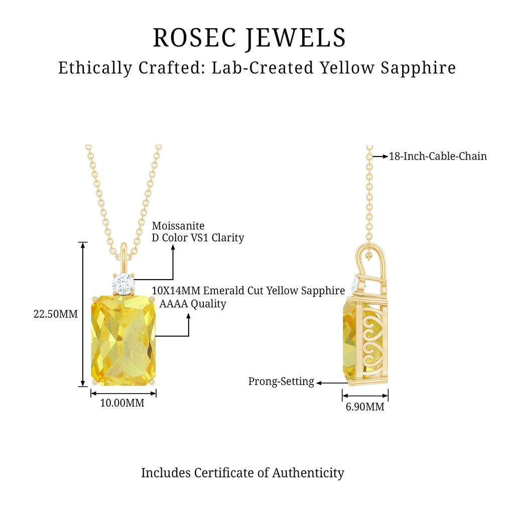 Emerald Cut Solitaire Created Yellow Sapphire Pendant with Moissanite