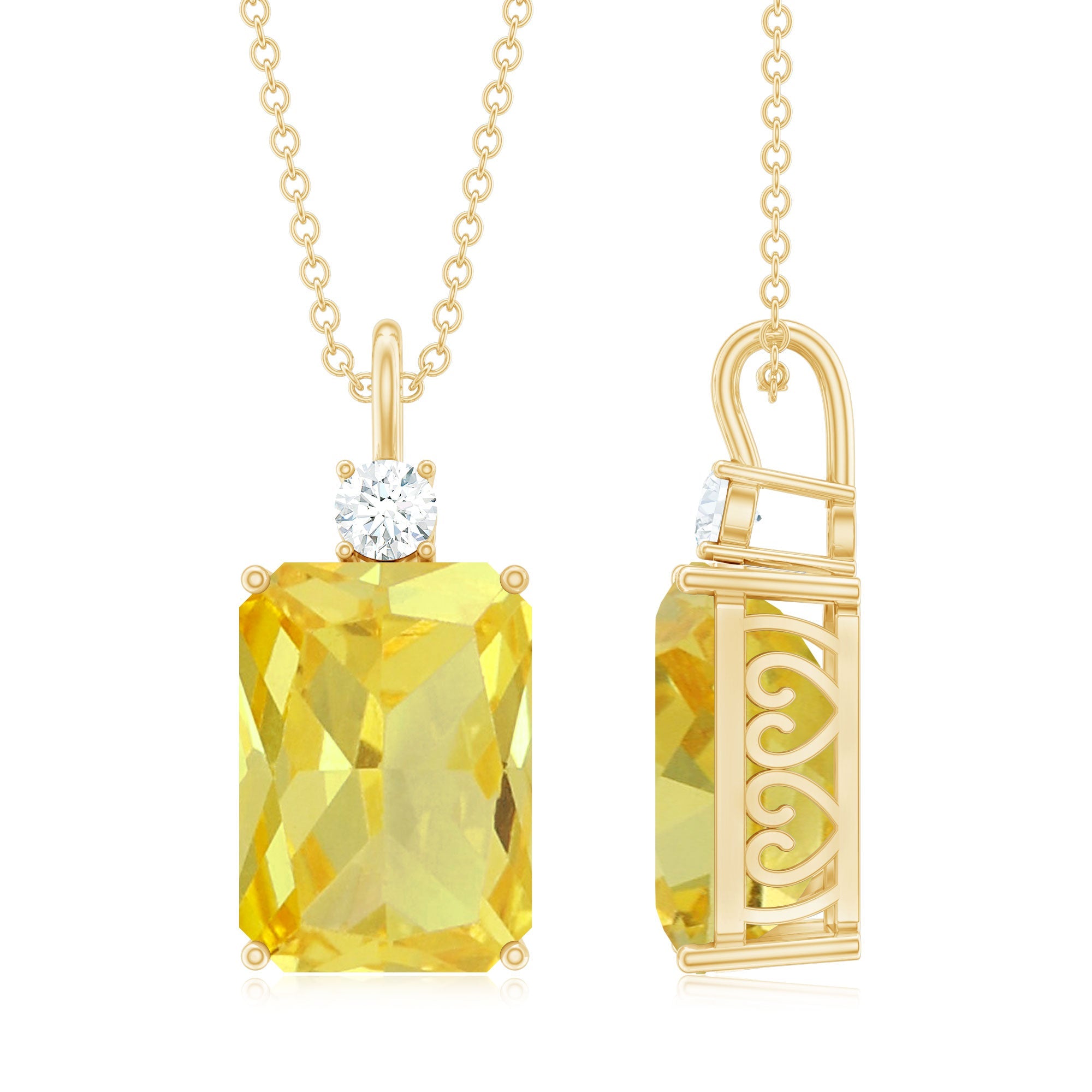 Emerald Cut Solitaire Created Yellow Sapphire Pendant with Moissanite