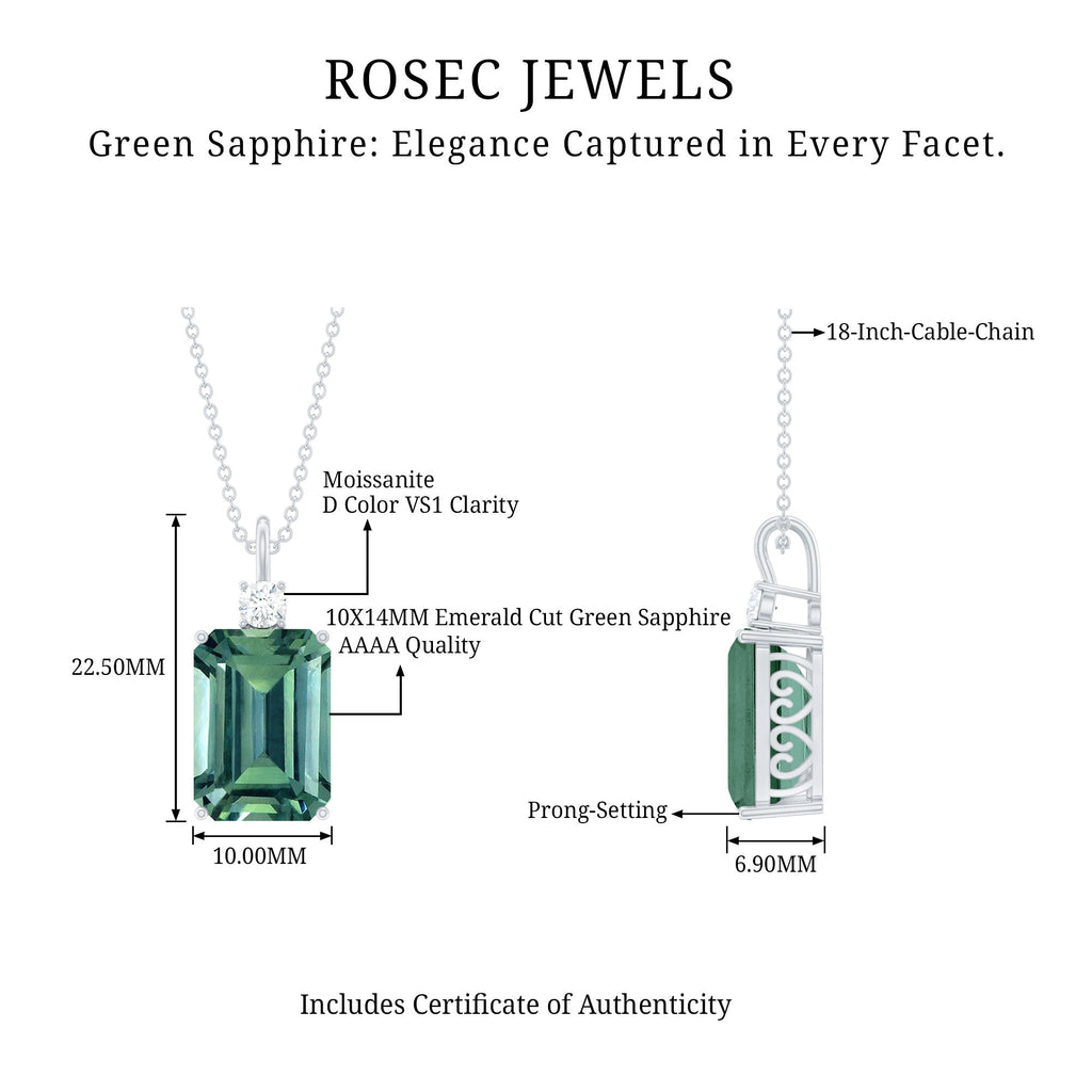 Emerald Cut Solitaire Created Green Sapphire Pendant with Moissanite