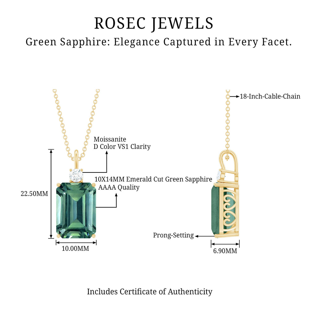 Emerald Cut Solitaire Created Green Sapphire Pendant with Moissanite