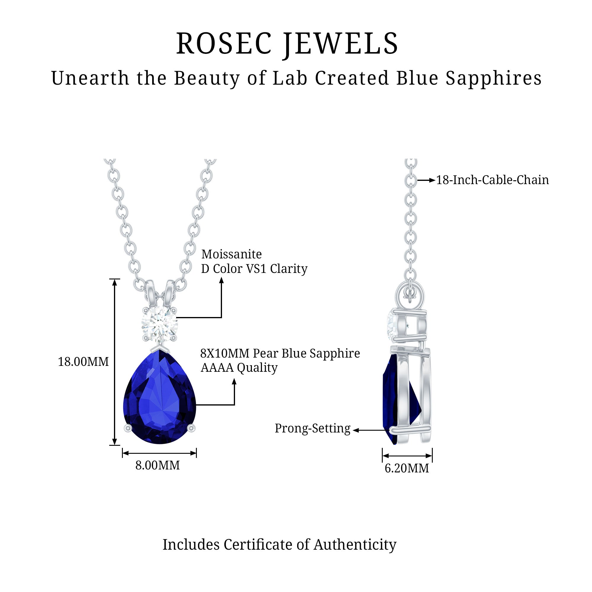 8x10mm Pear Shape Lab Created Blue Sapphire Teardrop Necklace