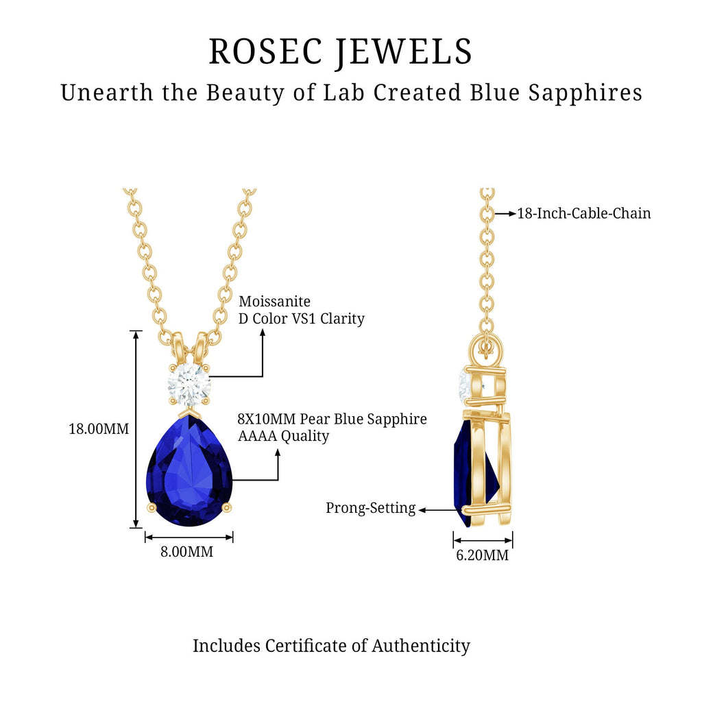 8x10mm Pear Shape Lab Created Blue Sapphire Teardrop Necklace