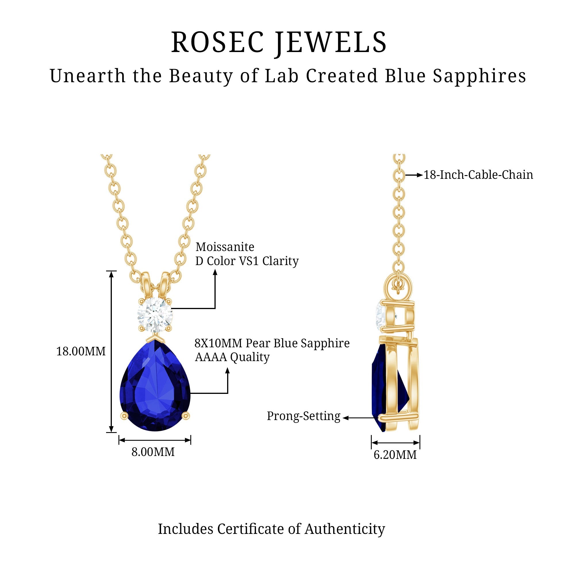 8x10mm Pear Shape Lab Created Blue Sapphire Teardrop Necklace