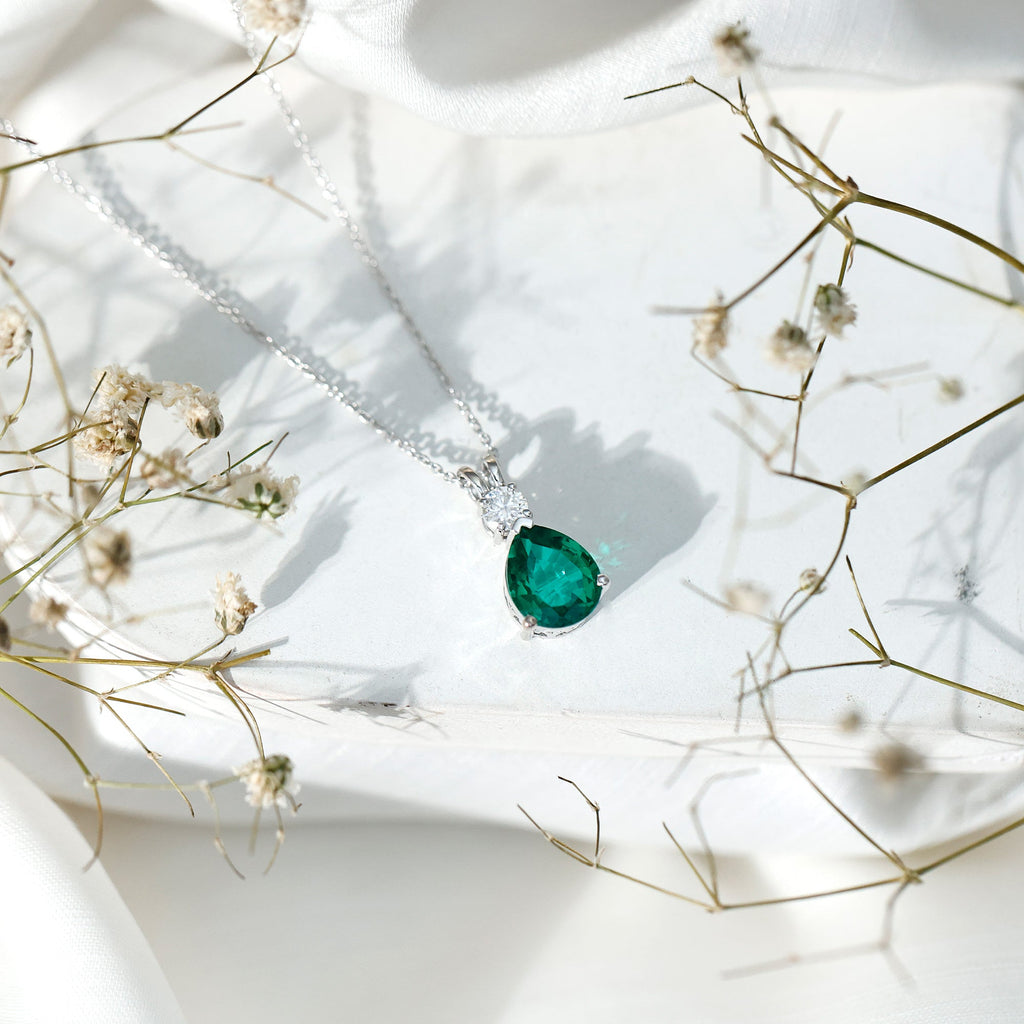 2.5 CT Lab Created Emerald Teardrop Pendant with Certificate