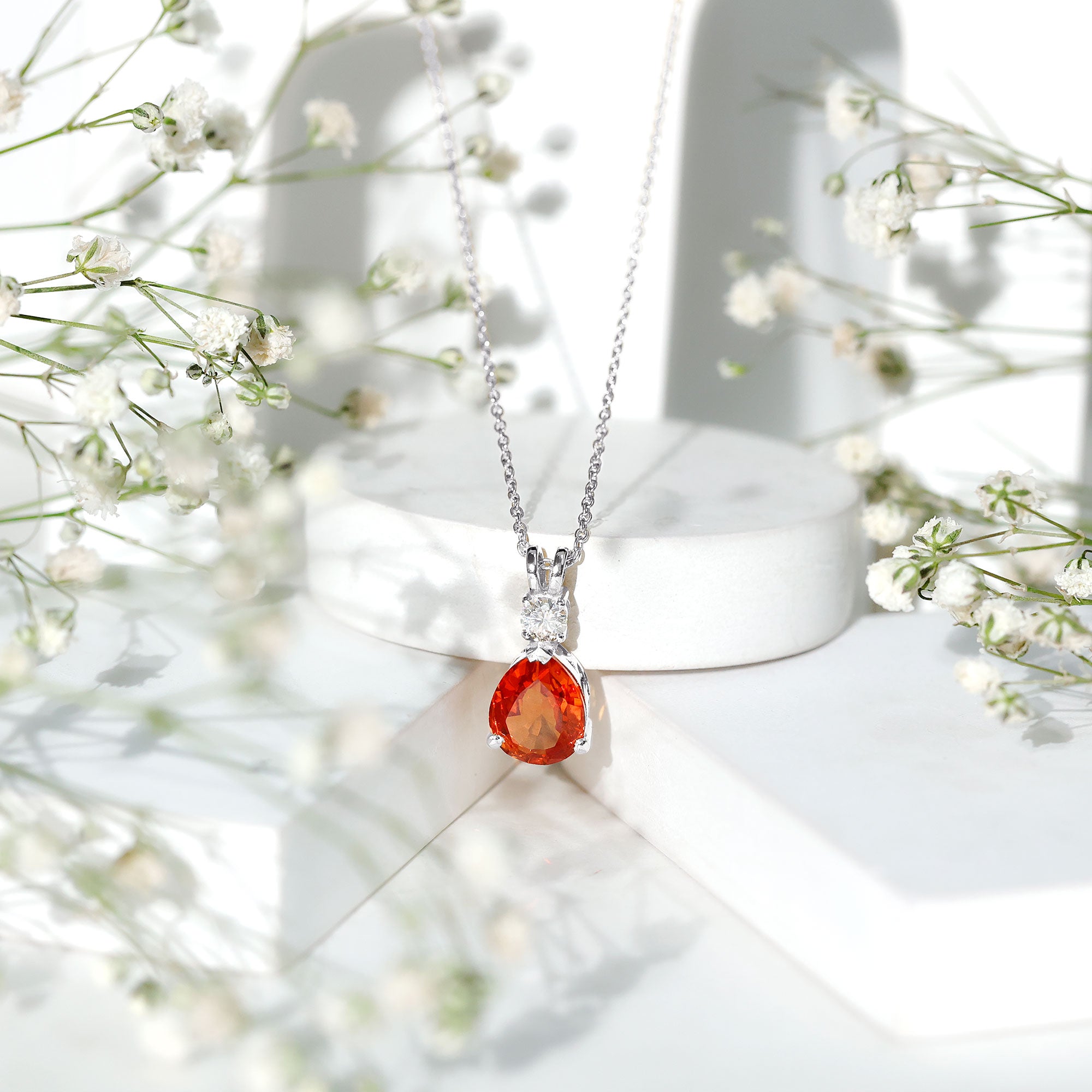 Lab Created Orange Sapphire Statement Necklace with Moissanite