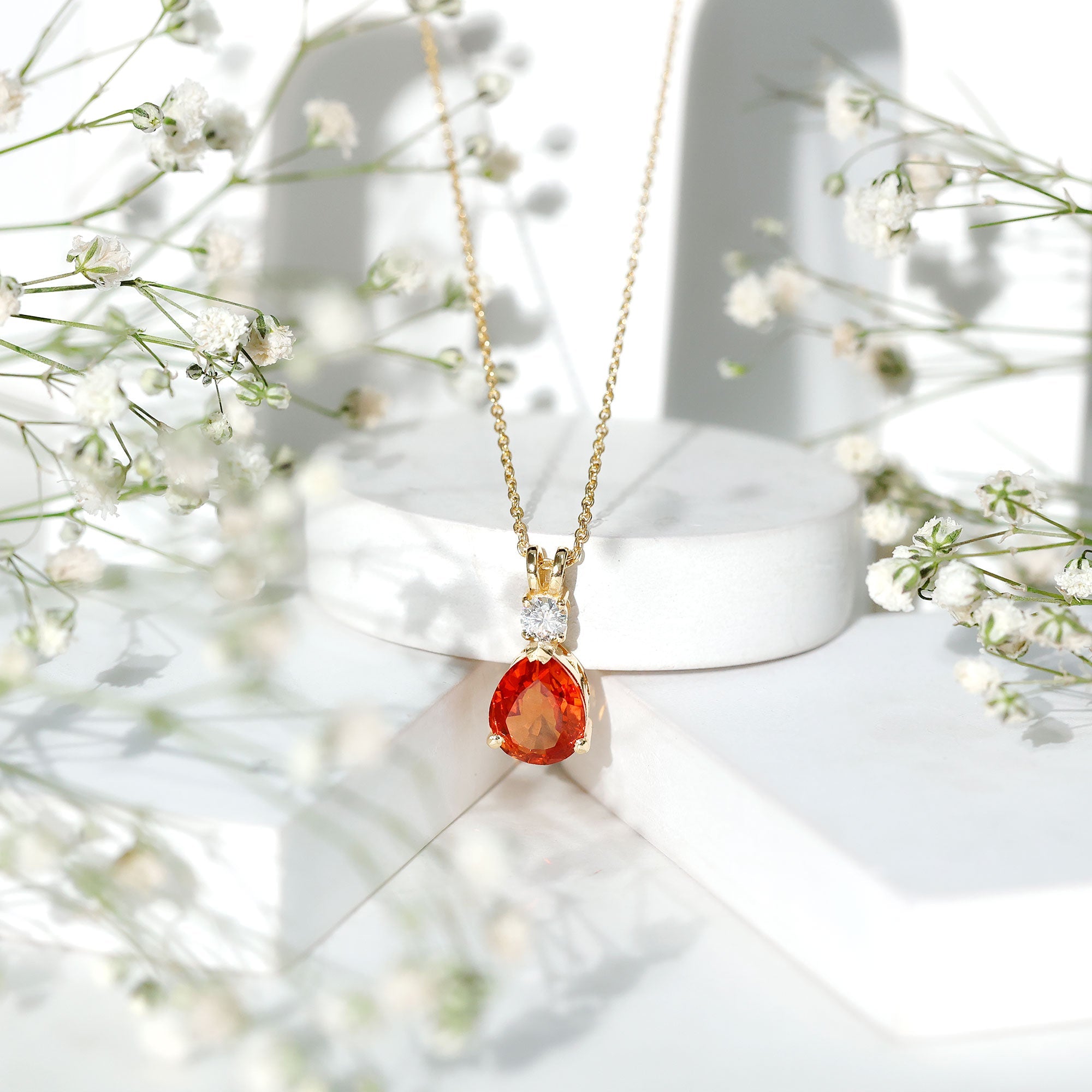 Lab Created Orange Sapphire Statement Necklace with Moissanite