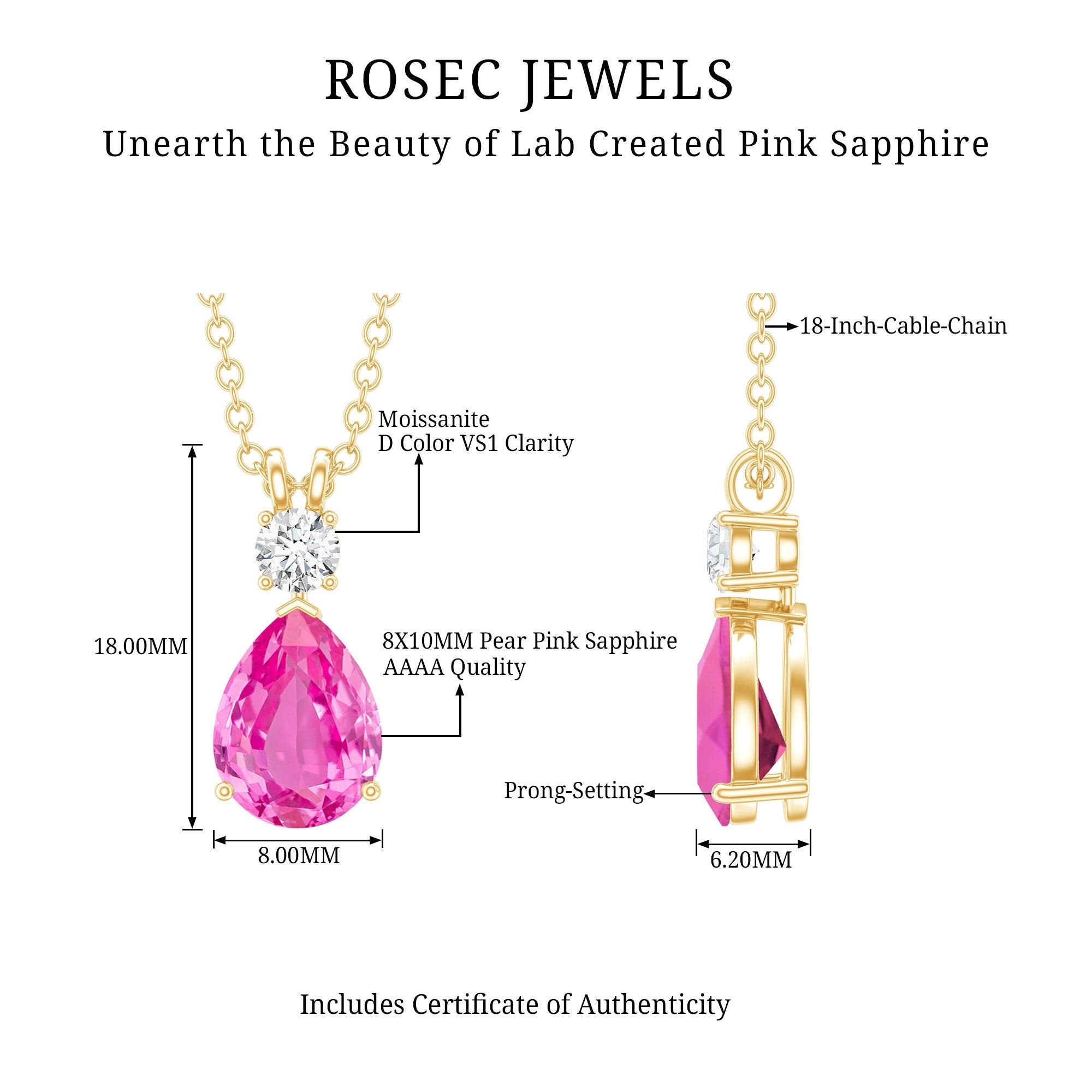 Lab Grown Pink Sapphire and Moissanite Teardrop Necklace
