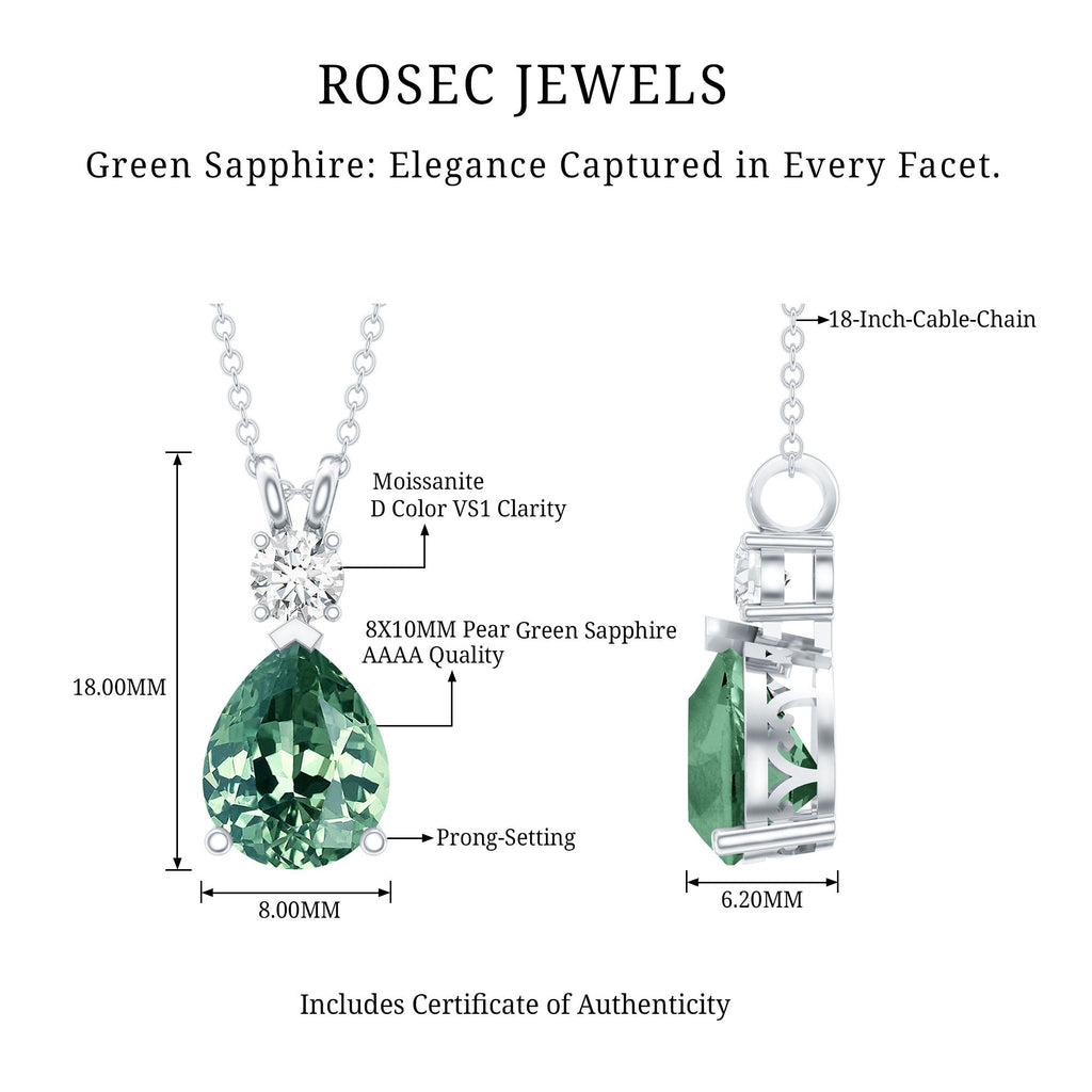 Pear Cut Created Green Sapphire Drop Pendant with Moissanite