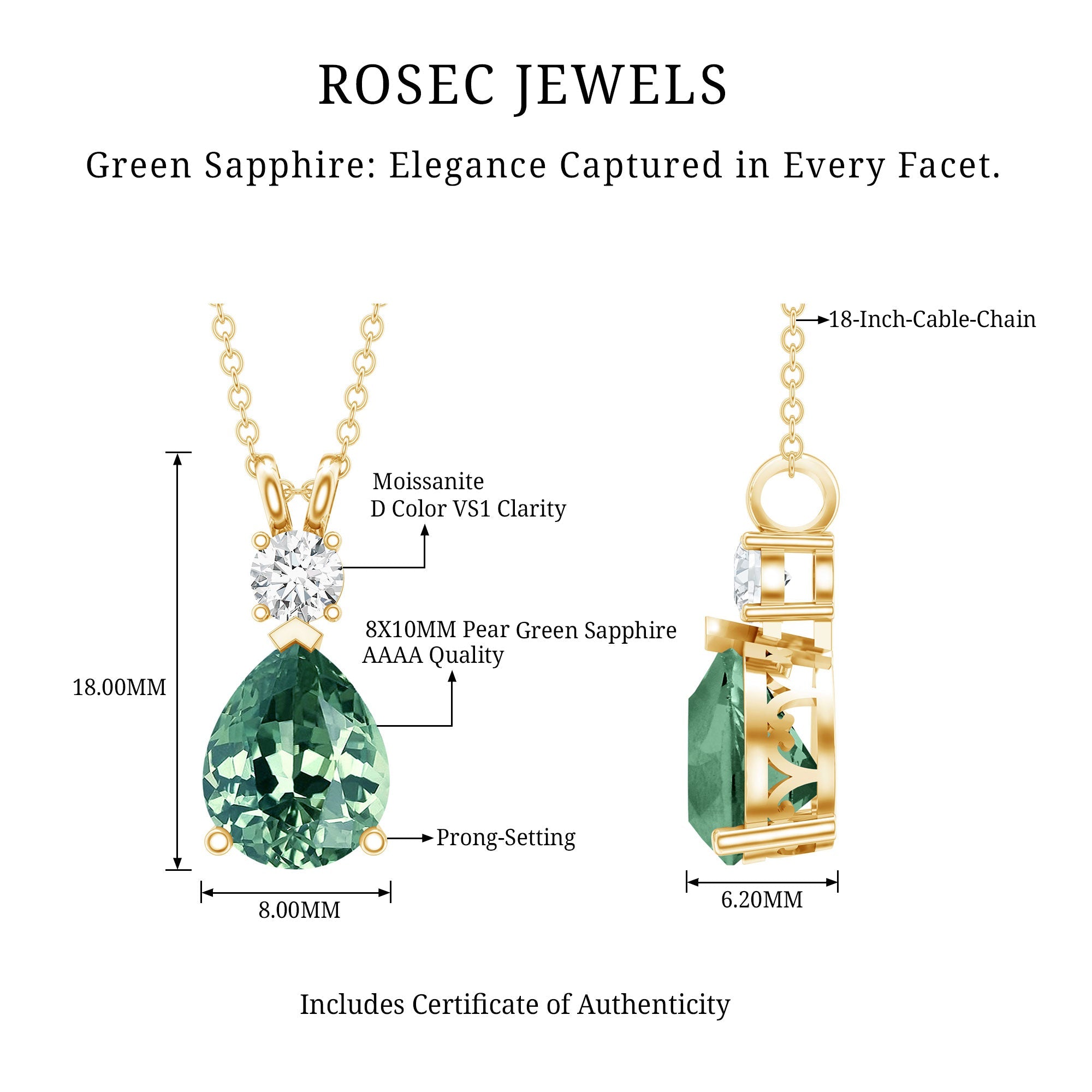 Pear Cut Created Green Sapphire Drop Pendant with Moissanite