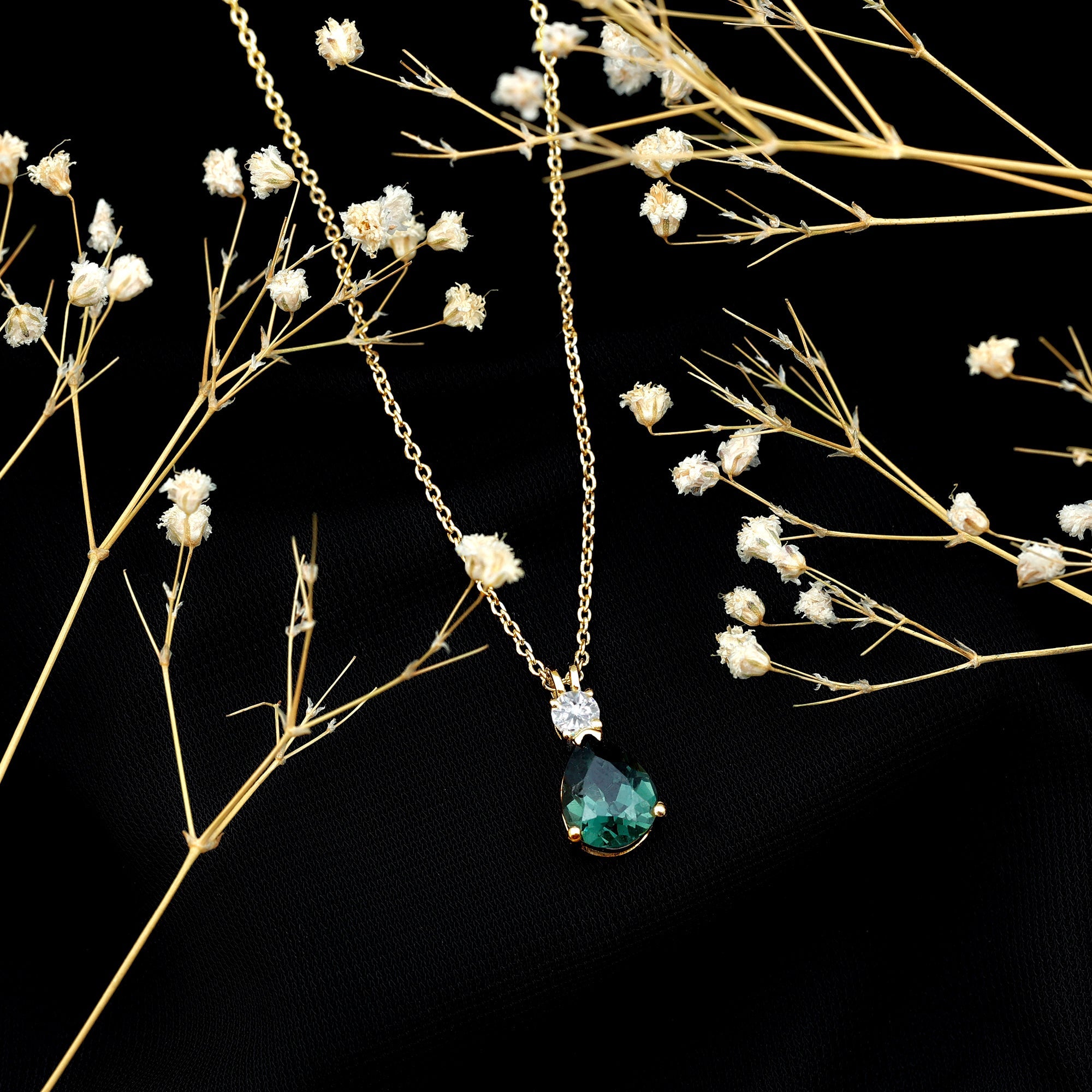 Pear Cut Created Green Sapphire Drop Pendant with Moissanite