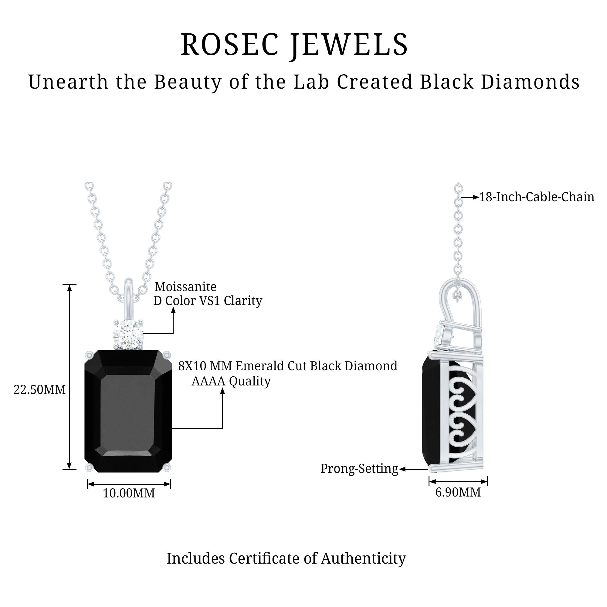 Emerald Cut Created Black Diamond Solitaire Pendant Necklace