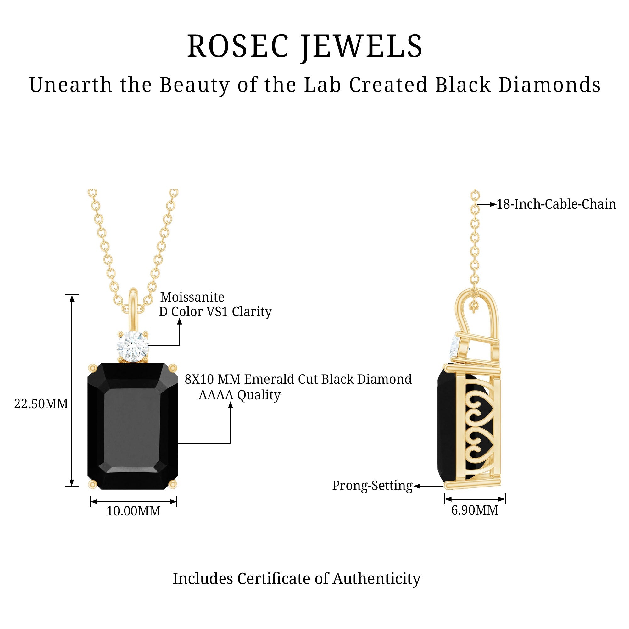 Emerald Cut Created Black Diamond Solitaire Pendant Necklace