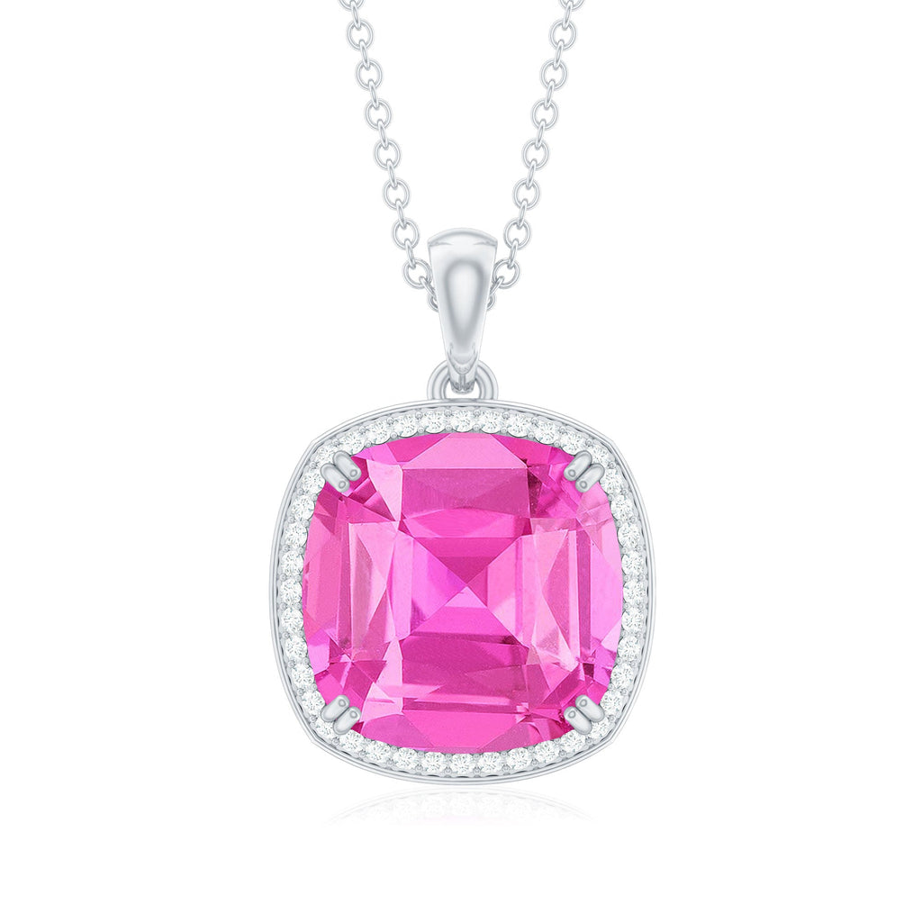 Created Pink Sapphire and Moissanite Halo Pendant Necklace