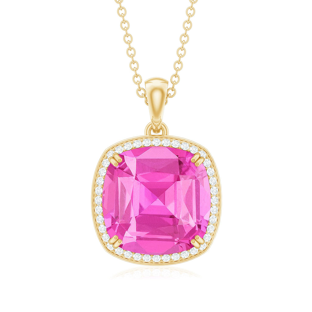 Created Pink Sapphire and Moissanite Halo Pendant Necklace